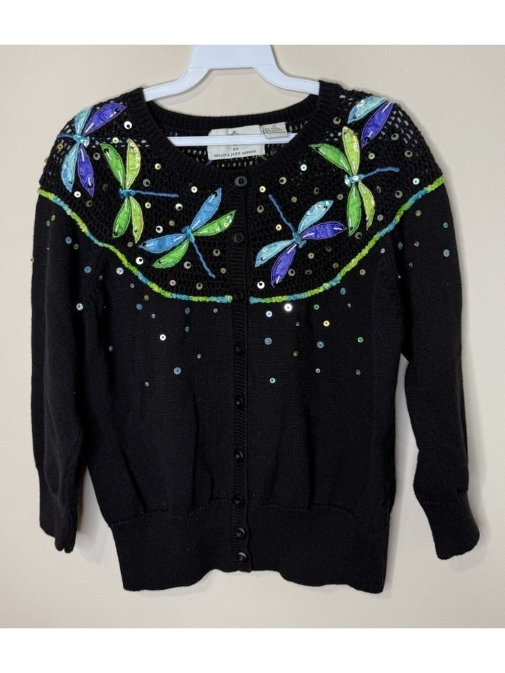 Vintage 90s Design Options Cardigan Sweater Dragon Fly Embellished